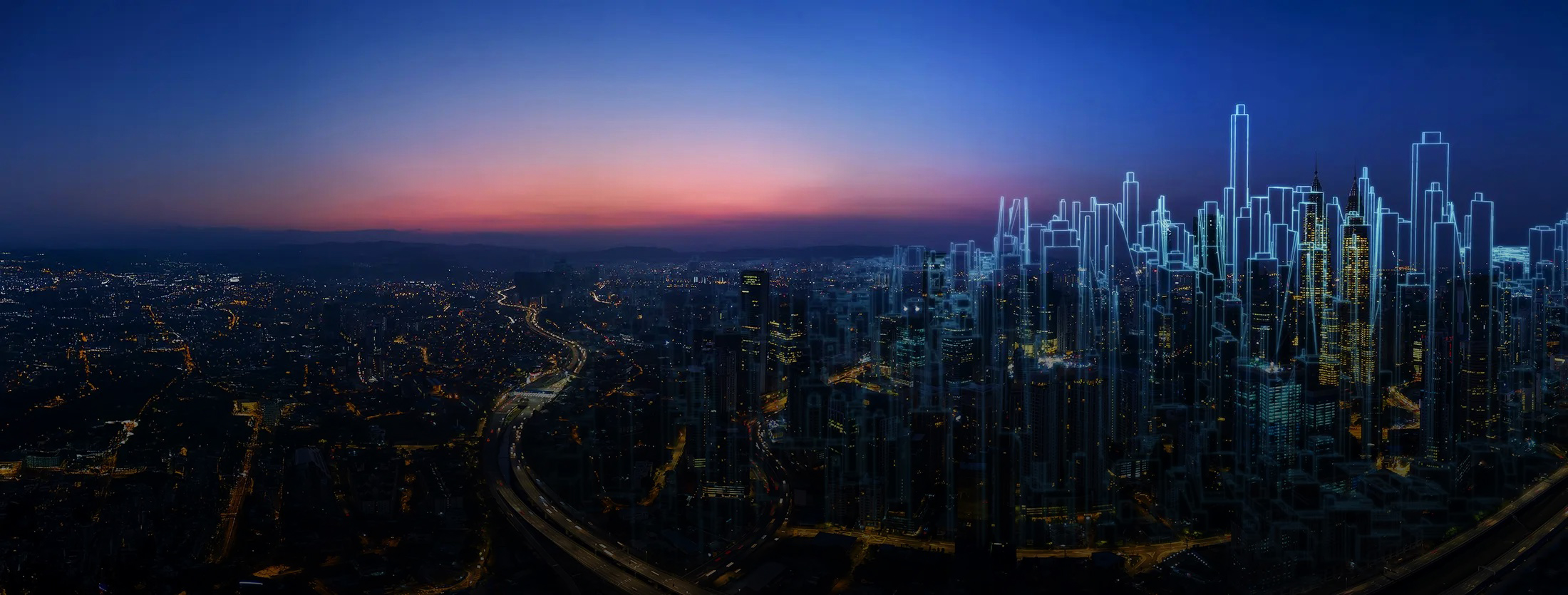 Futuristic cityscape with digital wireframe buildings
